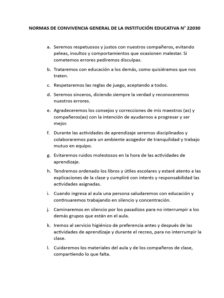 Normas de Convivencia Primaria | PDF