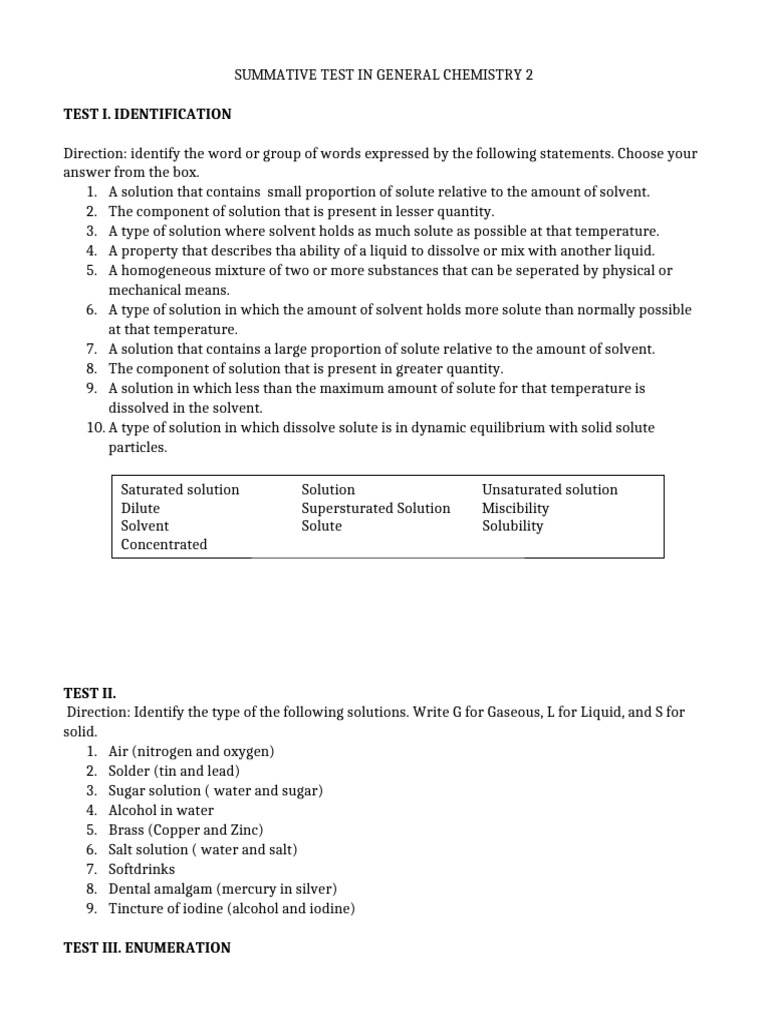 General Chemistry 2 Summative Test | PDF | Solubility | Scientific ...