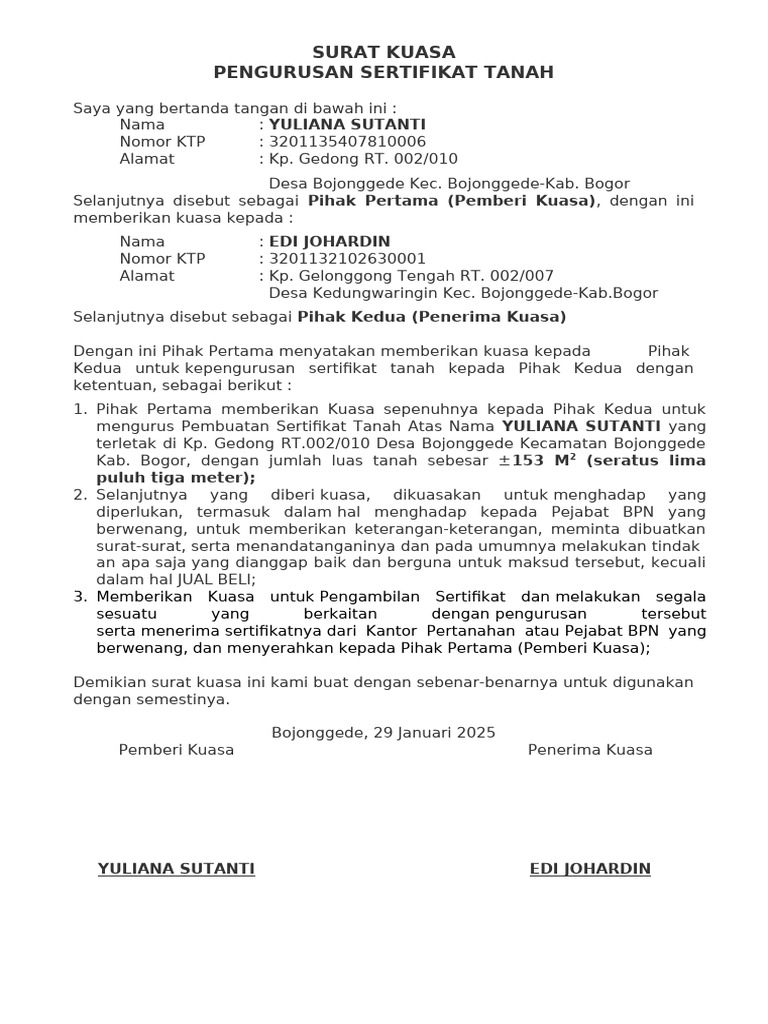 Surat Kuasa Pengambilan Sertifikat Tanah | PDF