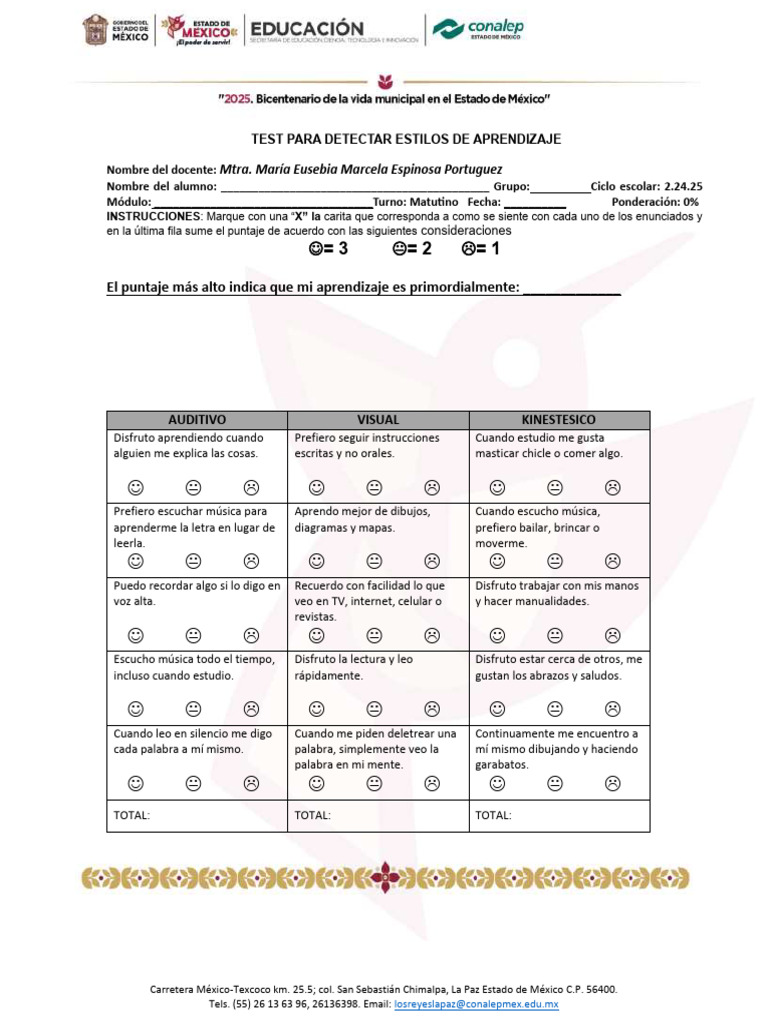Test Estilos de Aprendizaje 2.24.25 | PDF | Aprendizaje | Cognición