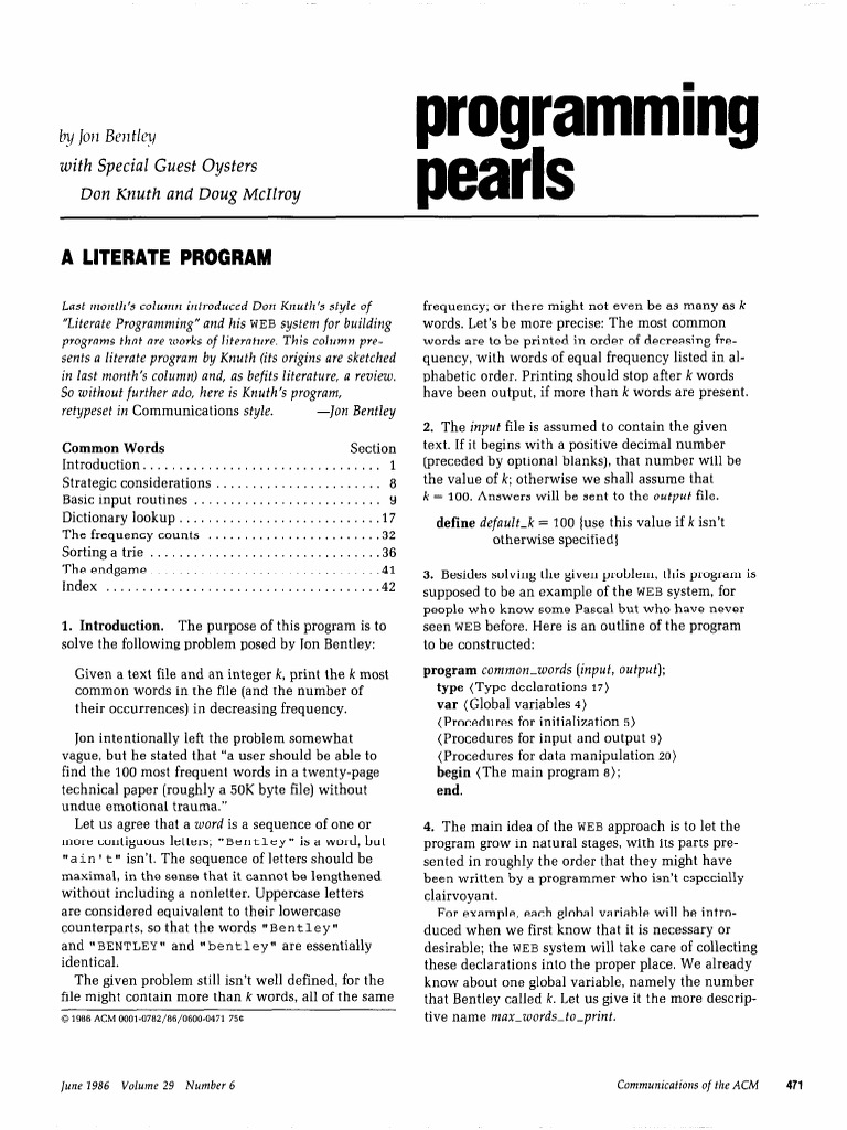 Programming Pearls - A Literate Program[Jon L. Bentley, Donald Knuth ...