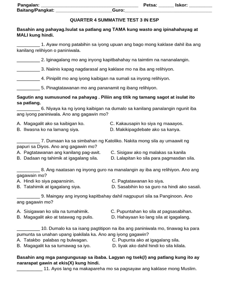 Quarter 4 Summative Test 3 in Esp | PDF