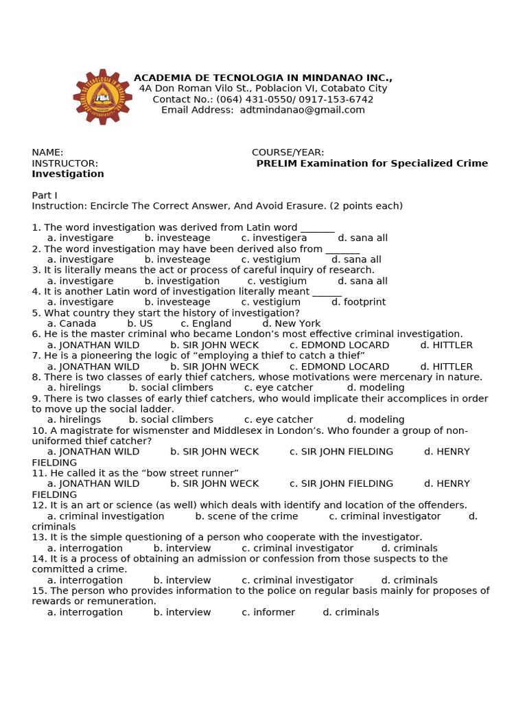 Prelim Exam: Specialized Crime Investigation | PDF | Detective | Common Law