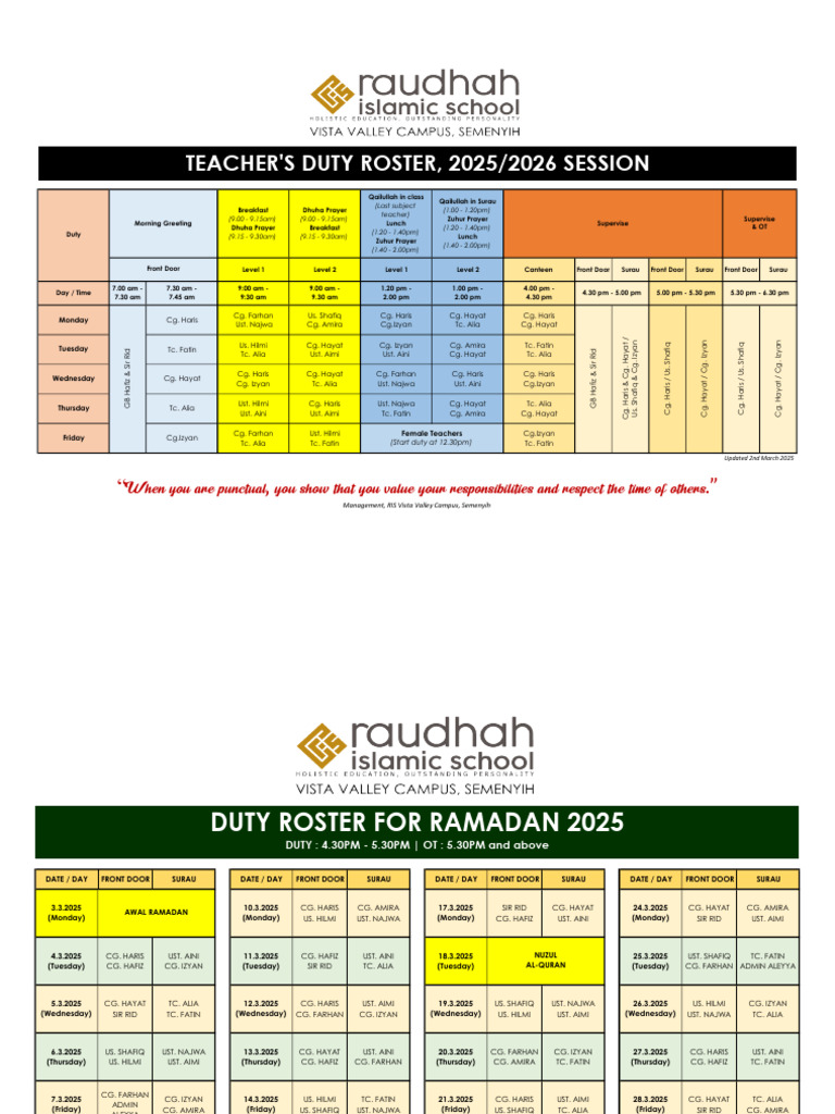 Teacher Duty Roster 2025/26 | PDF