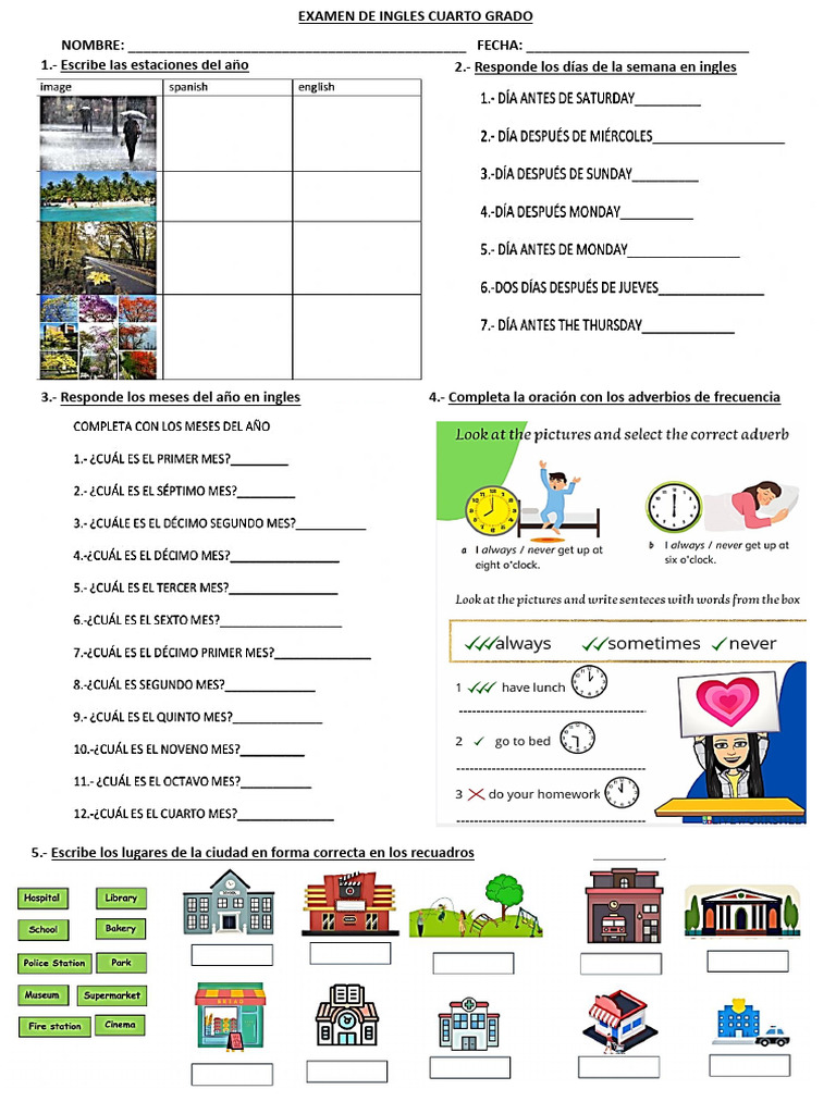 Examen de Inglés para Cuarto Grado | PDF