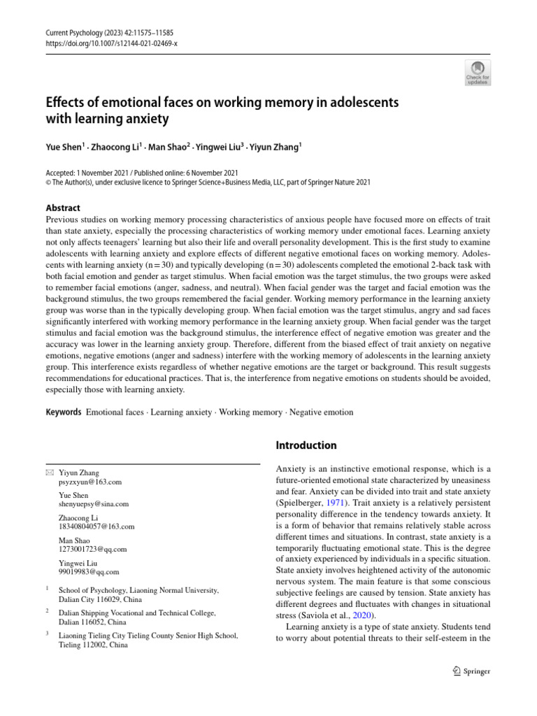 Emotional Faces Impact Working Memory in Anxious Teens | PDF | Anxiety ...