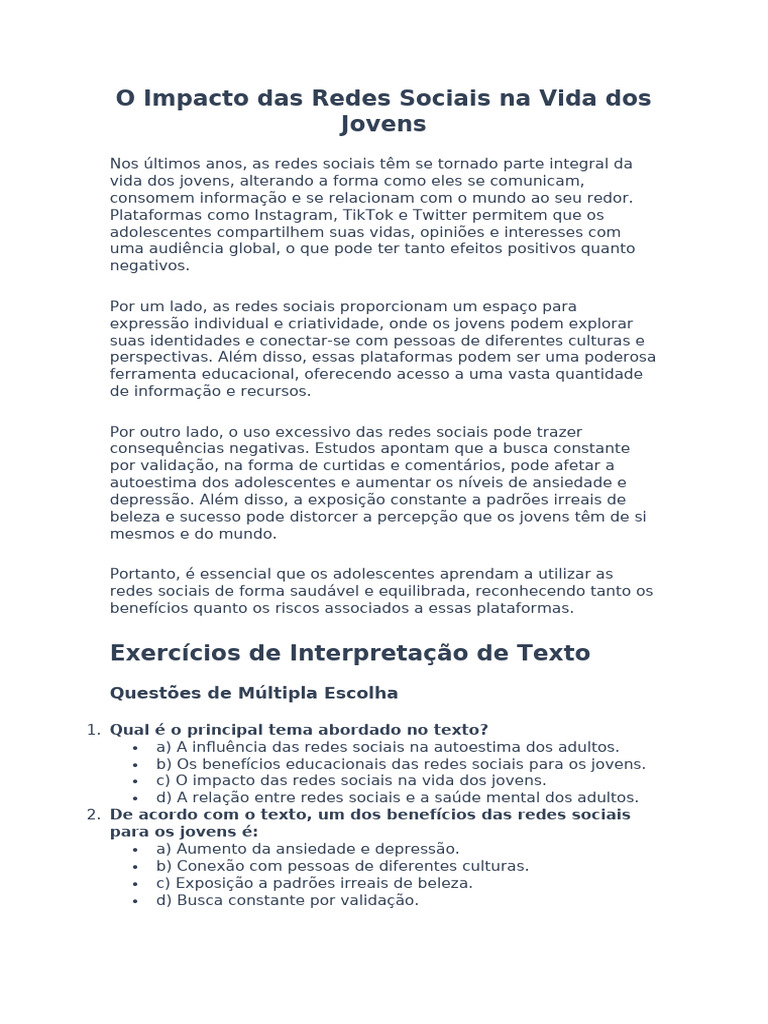 Impacto das Redes Sociais nos Jovens | PDF | Autoestima | Rede social