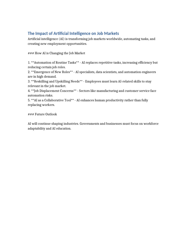 The Impact of Artificial Intelligence On Job Markets | PDF