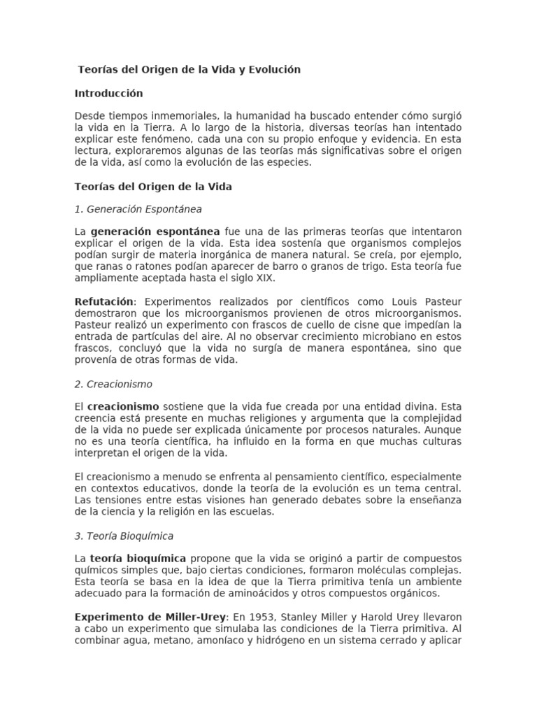 Teorías del Origen de la Vida y Evolución | PDF | Evolución | Biología