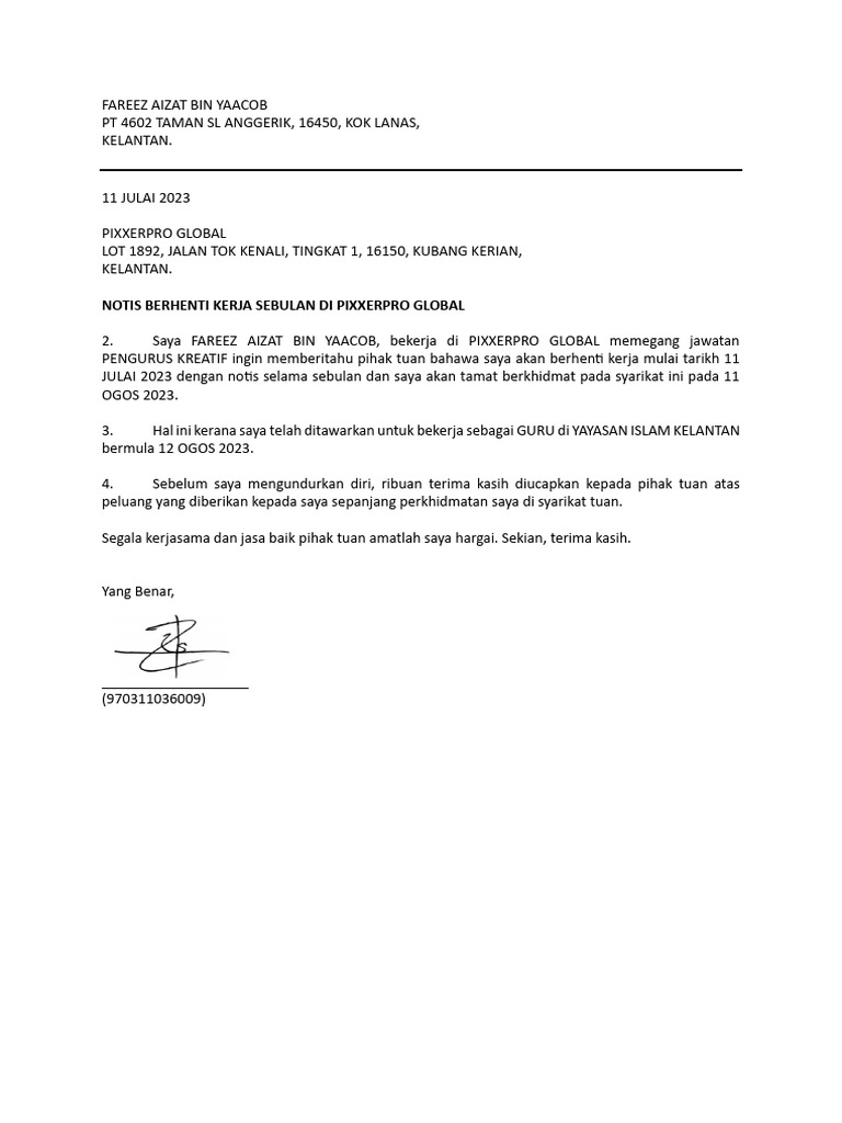 Notis Berhenti Kerja Pdf