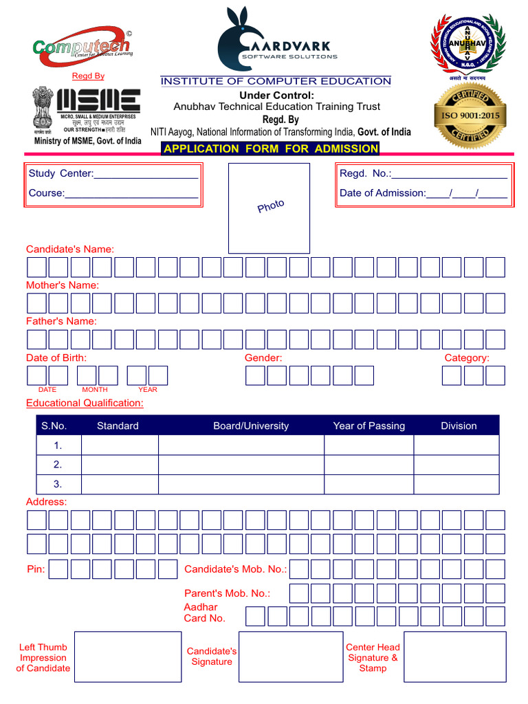 Admission Application Form for MSME Courses | PDF | Government Of India