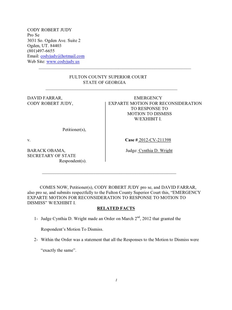 Motion for Reconsideration in FarrarJudy v. ObamaKemp