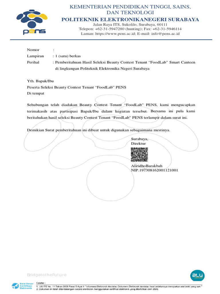 Hasil Seleksi Tenant FoodLab PENS 2025 | PDF