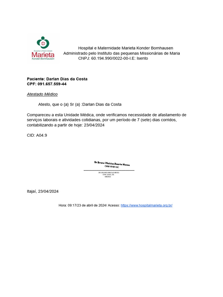 Atestado Médico de 7 Dias - Darlan Dias | PDF