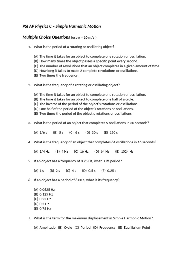 AP Physics C: Simple Harmonic Motion Quiz | PDF | Frequency | Pendulum