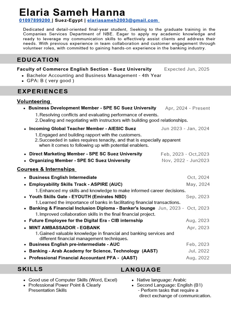 Elaria Sameh CV - Graduate Training | PDF | Business | Learning