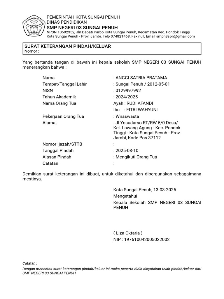 Surat Mutasi Anggi 7D | PDF