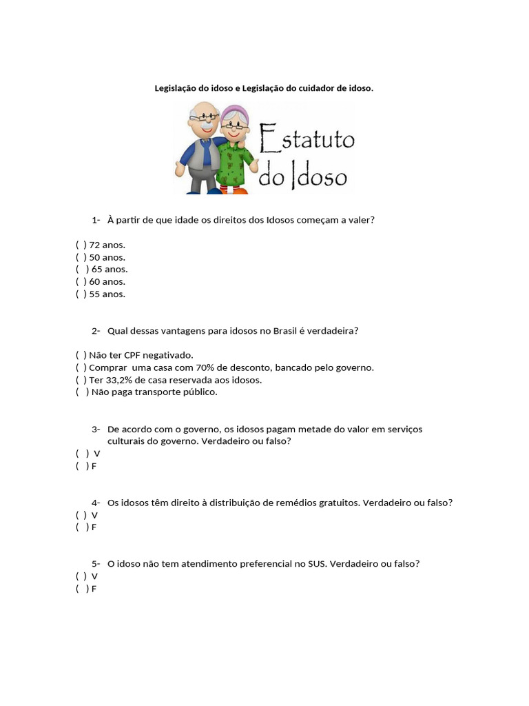 Direitos e Legislação do Idoso e Cuidador | PDF | Terceira idade ...
