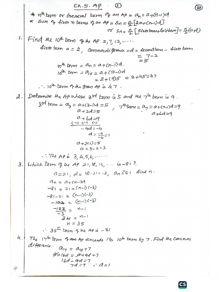 CH 5 Arithmetic Progression Revision Questions PDF | PDF