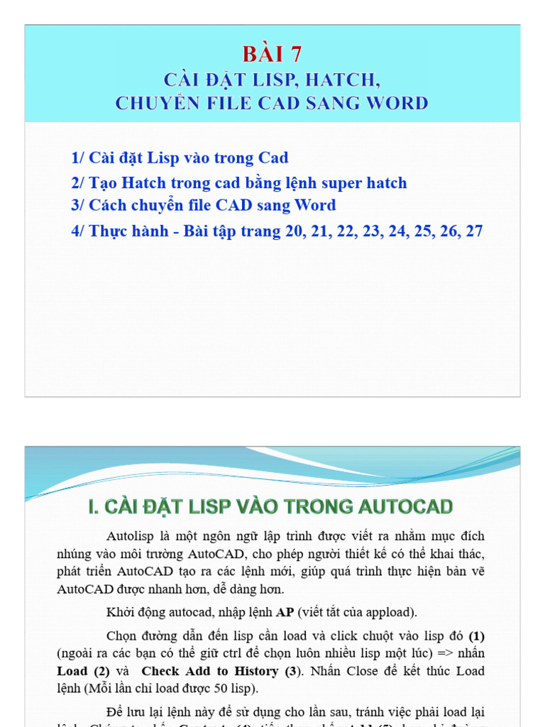 BÀI 7 - CÀI ĐẶT LISP, HATCH, CHUYỂN FILE CAD SANG FILE WORD | PDF