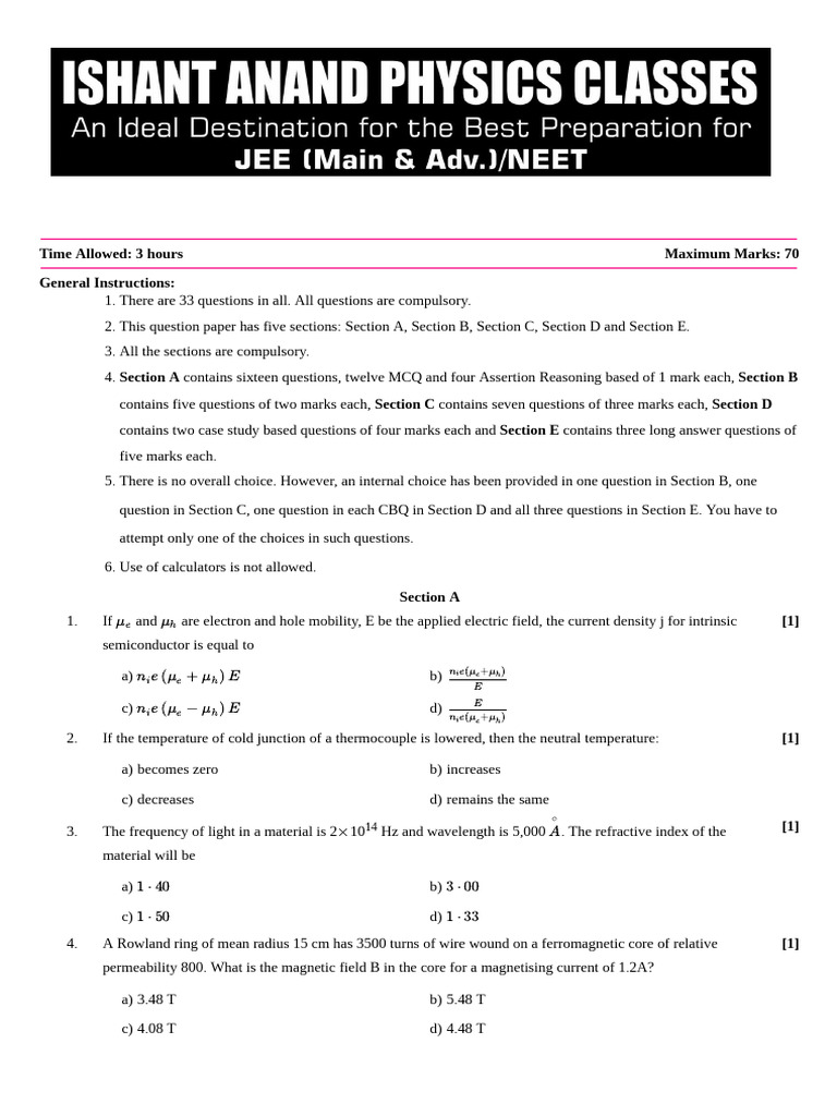 Physics Sample Question Paper 2024-25 | PDF | Electromagnetic Radiation ...