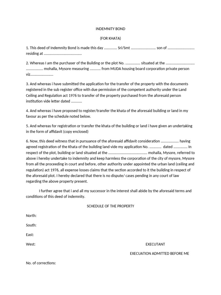 Indemnity Bond for Khata Transfer | PDF | Affidavit | Private Law