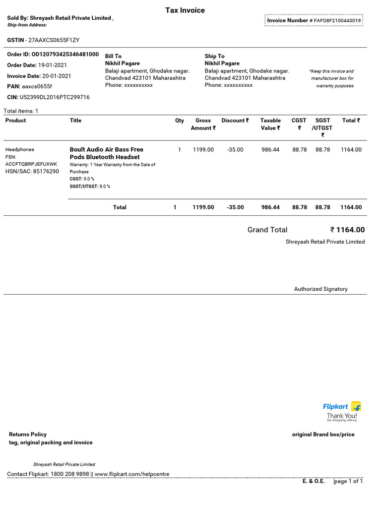 Invoice for Boult Audio Headphones | PDF | Taxes