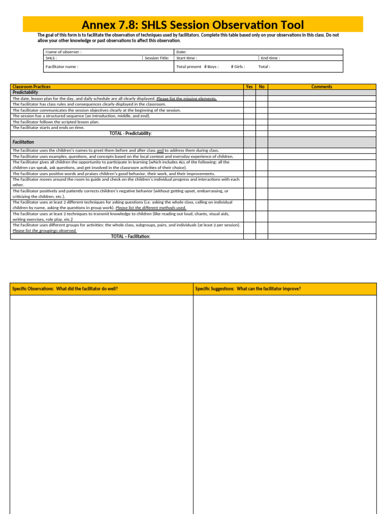 SHLS Session Observation Tool Guide | PDF | Lesson Plan | Facilitator