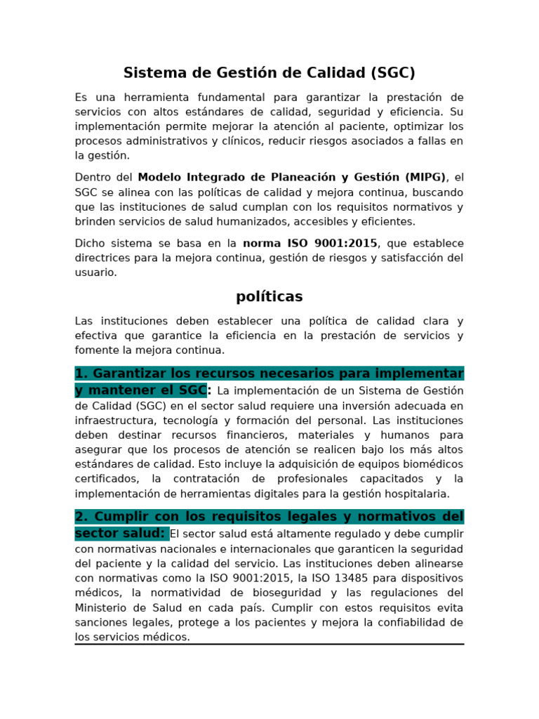 Sistema de Gestión de Calidad en Salud | PDF | Cuidado de la salud ...