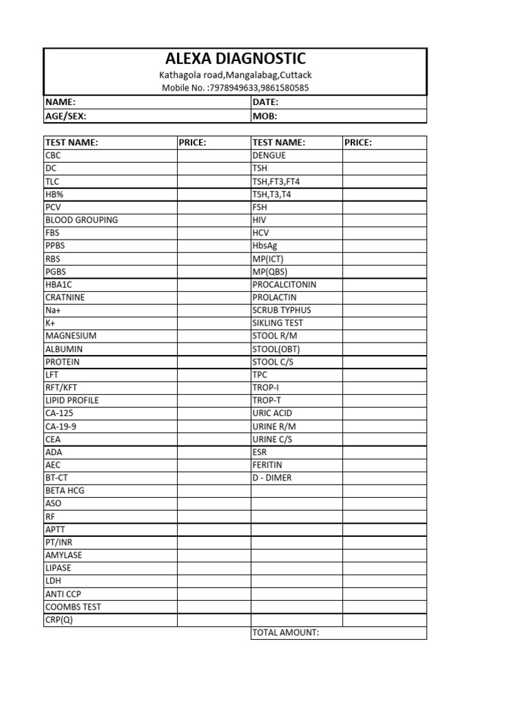Diagnostic Test Price List | PDF