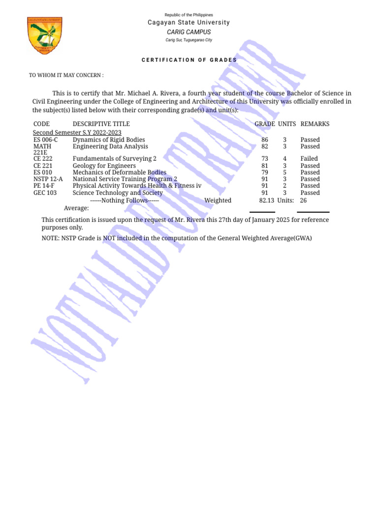 Certification of Grades for B.S. Civil Eng. | PDF