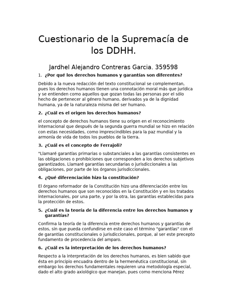 Cuestionario de La Supremacía de Los DDHH | PDF | Derechos humanos ...