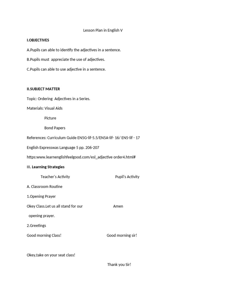 Lesson Plan: Ordering Adjectives | PDF | Adjective | Lesson Plan