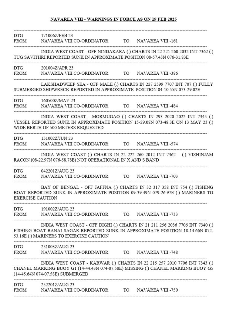 NAVAREA VIII Warnings in Force 2025 | PDF | Water Transport | Watercraft