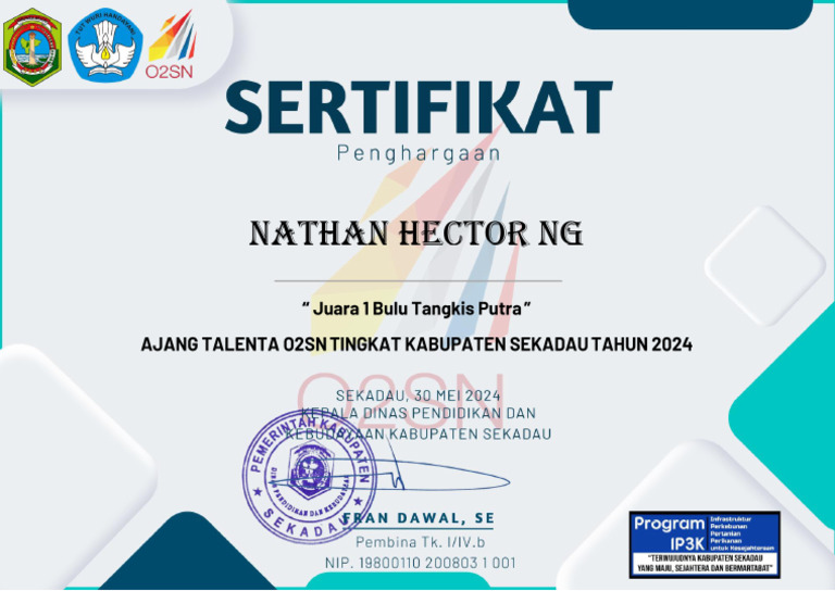 SERTIFIKAT O2SN - NATHAN BULU TANGKIS | PDF