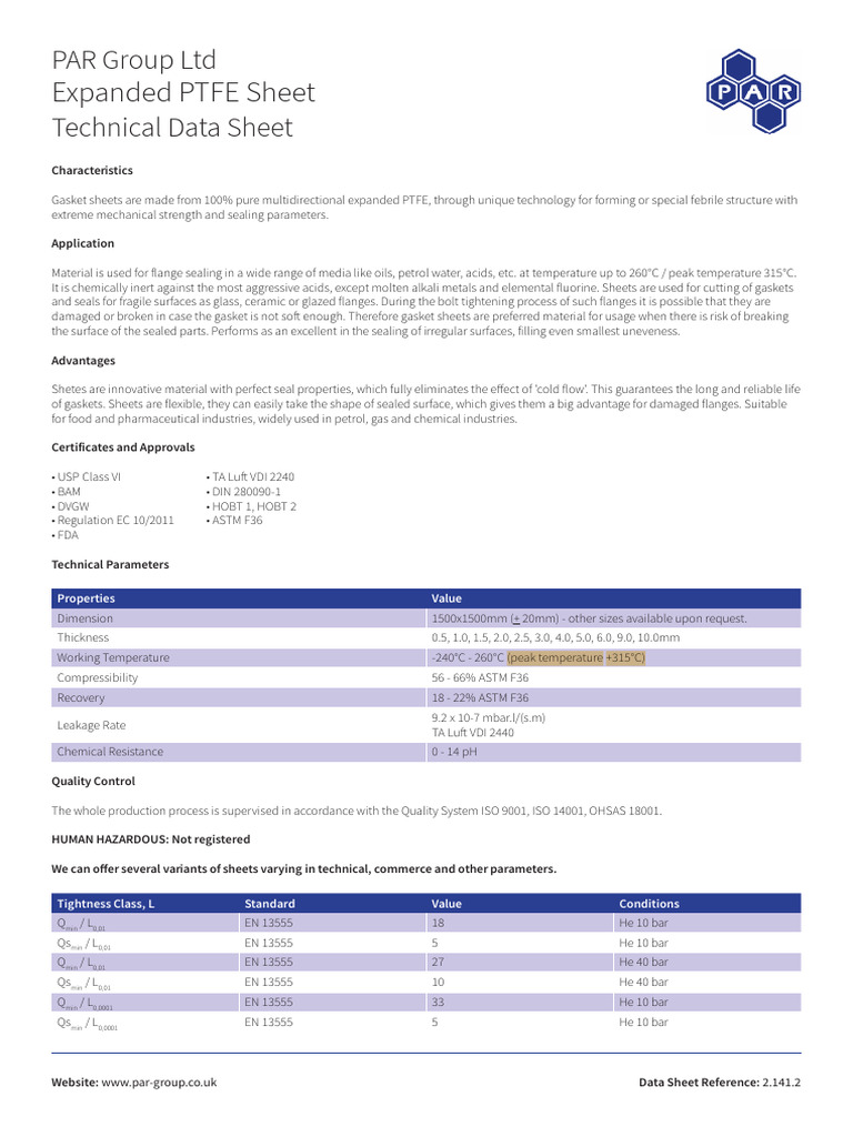 Expanded PTFE Gasket Specifications | PDF | Materials | Mechanical ...