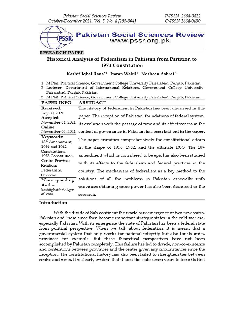 Federalism in Pakistan: 1947-1973 Analysis | PDF | Pakistan | Constitution
