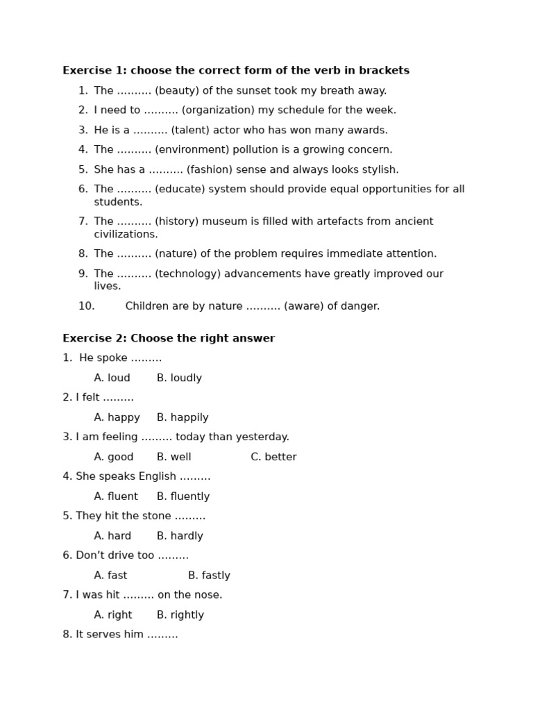 Verb Form Exercises for English Learners | PDF | Adverb | Adjective