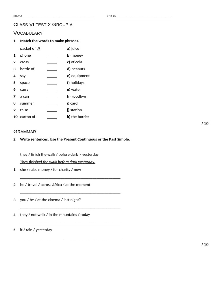 Class VI Vocabulary and Grammar Test | PDF | Linguistics