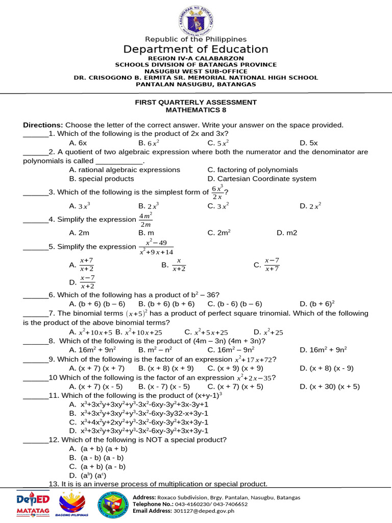 Math 8 First Quarterly Assessment | PDF | Cartesian Coordinate System ...