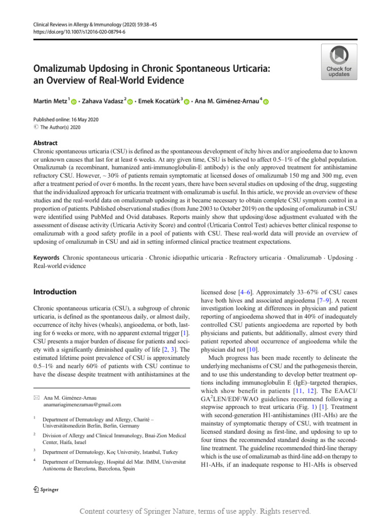 Omalizumab Updosing in Chronic Spontaneous Urticar | PDF | Health Care ...