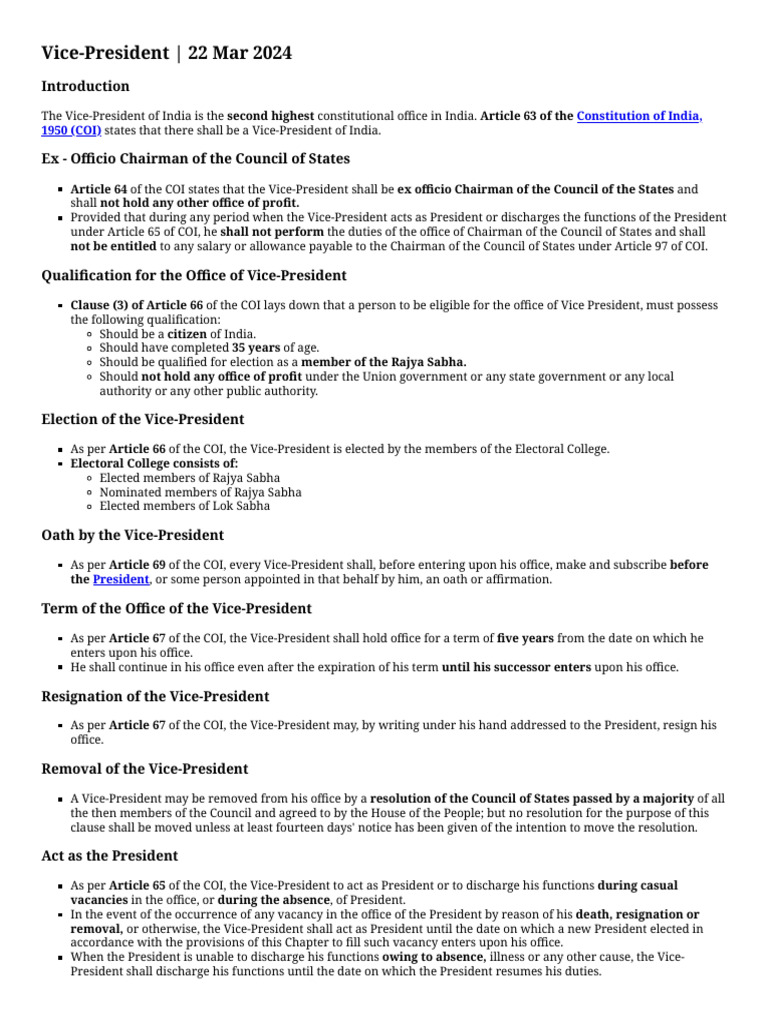 Vice-President of India: Key Articles | PDF | Public Law | Government
