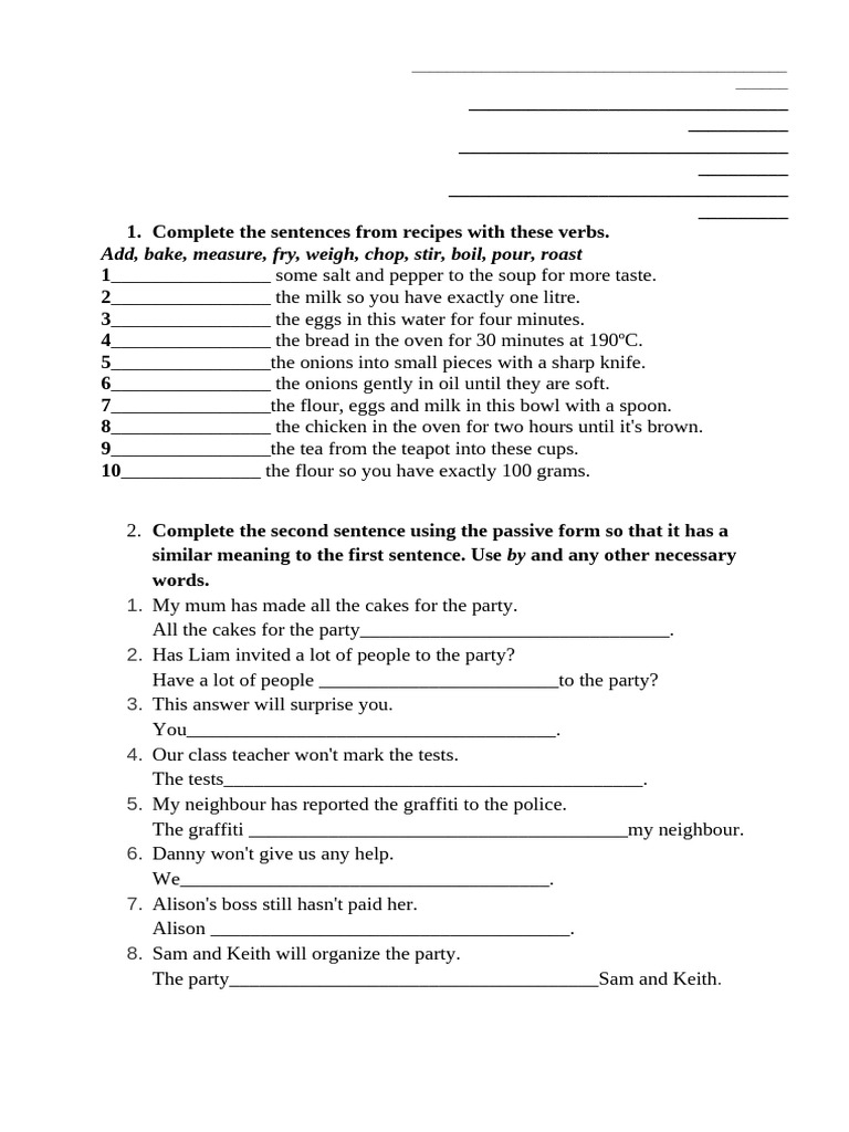 Cooking and Grammar Exercises Guide | PDF | Food And Drink Preparation ...