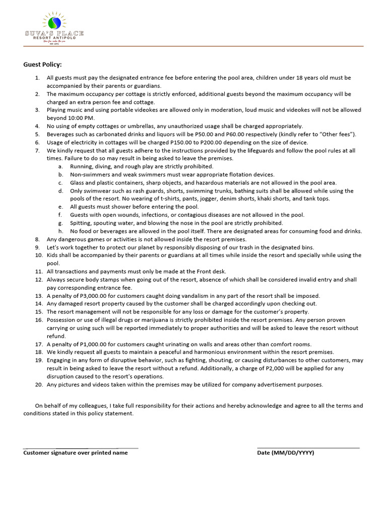 Guest Policy Release and Waiver AUG2023 | PDF | Swimsuit