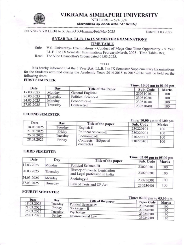 VSU 5-Year LLB Exam Schedule 2025 | PDF | Common Law | Government