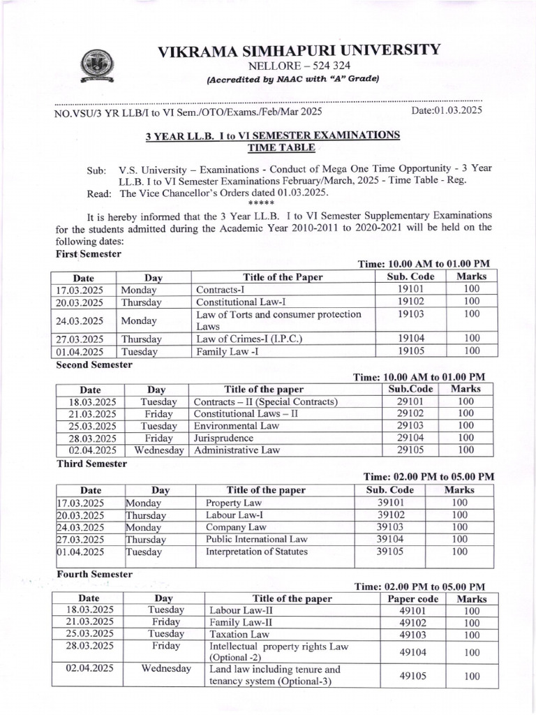 VSU 3 Year LLB Exam Time Table 2025 | PDF | Common Law | Government