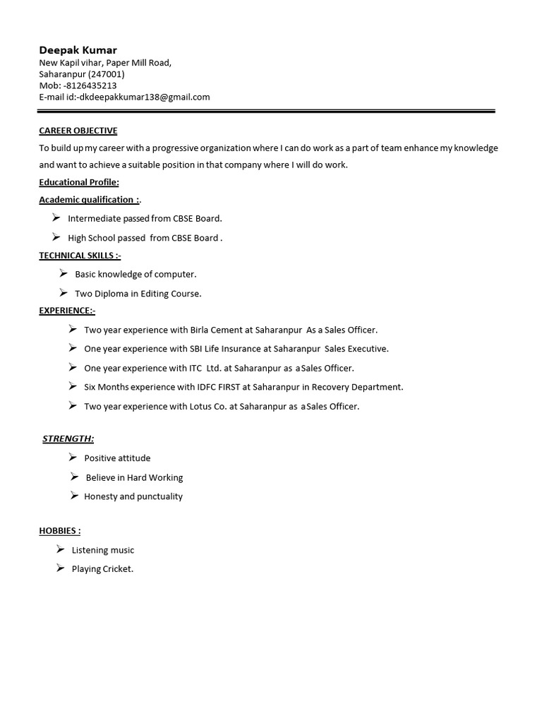 Deepak Kumar - Sales Officer Resume | PDF