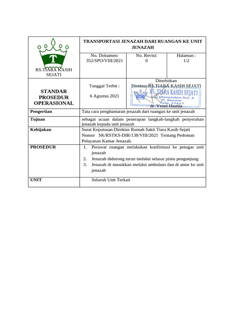 TRANSPORTASI JENAZAH DARI RUANGAN KE UNIT JENAZAH | PDF