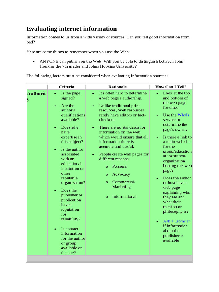 Evaluating Internet Information Pdf World Wide Web Internet Web