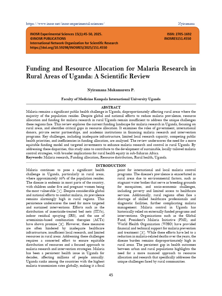Funding and Resource Allocation For Malaria Research in Rural Areas of ...